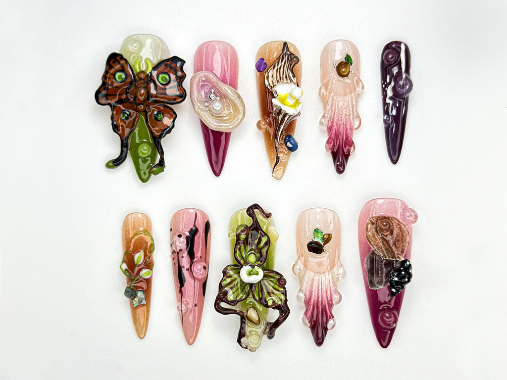3D Abstract Garden Press On Nails | Surreal Naturecore Nails | Handmade Butterfly & Bloom Set | Artcore Forest Nails | JB883HC
