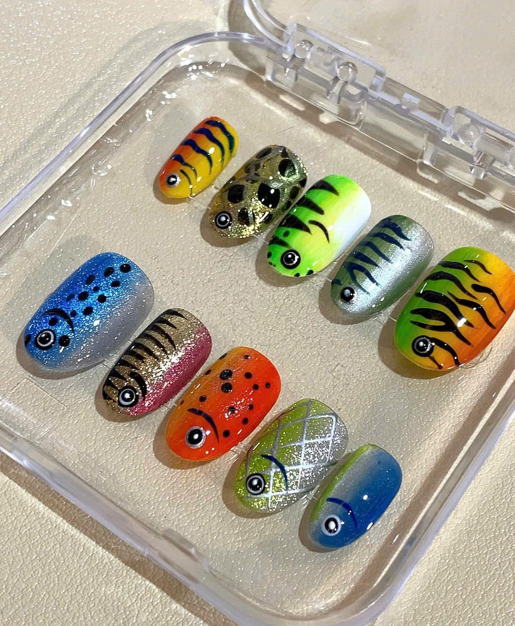 Hand-Painted Fish Press On Nails: Tropical Aquarium Nail Art