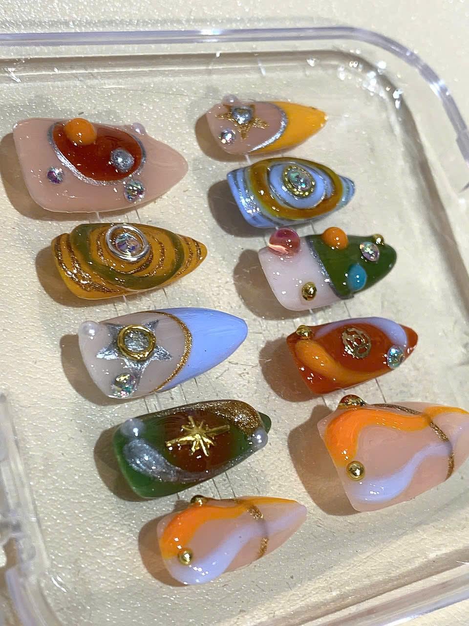 3D Galaxy Swirl Press On Nails: Cosmic Stone & Star Charm Nail Art