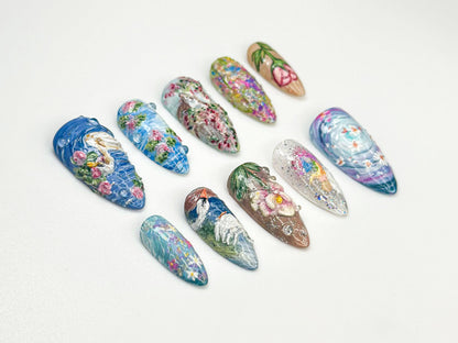 Handpainted Swan Press On Nails | Dreamy Lake Garden Nail Art | Nature Landscape Press On Set | Impressionist Pastel Nails | JB930HC