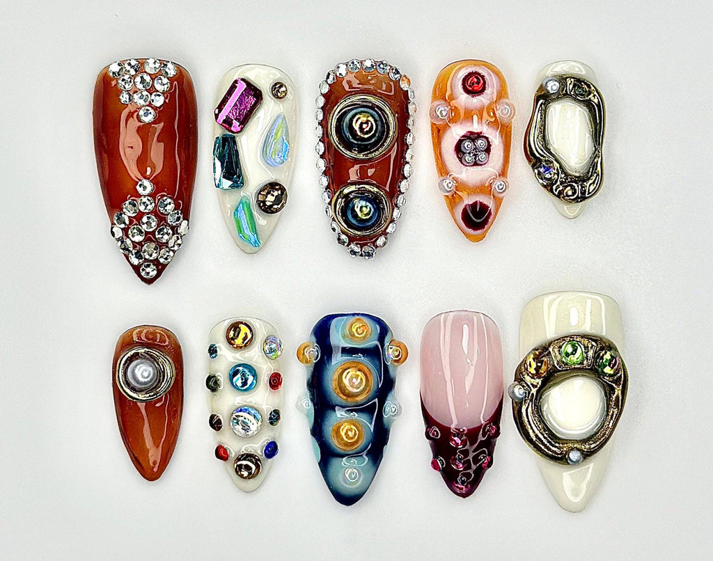 Galaxy Artifact Press On Nails | 3D Gemstone Nail Sculpture | Cosmic Jewel Art Nails | Handmade Abstract Press Ons | JC937EK