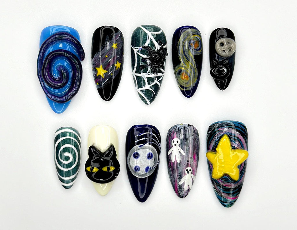 Spooky Galaxy Night Press On Nails | 3D Cute Halloween Nail Art | Black Cat & Ghost Nails | Glow Moon Star Nails | JB938EC
