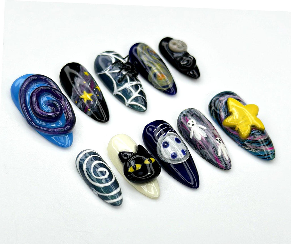 Spooky Galaxy Night Press On Nails | 3D Cute Halloween Nail Art | Black Cat & Ghost Nails | Glow Moon Star Nails | JB938EC