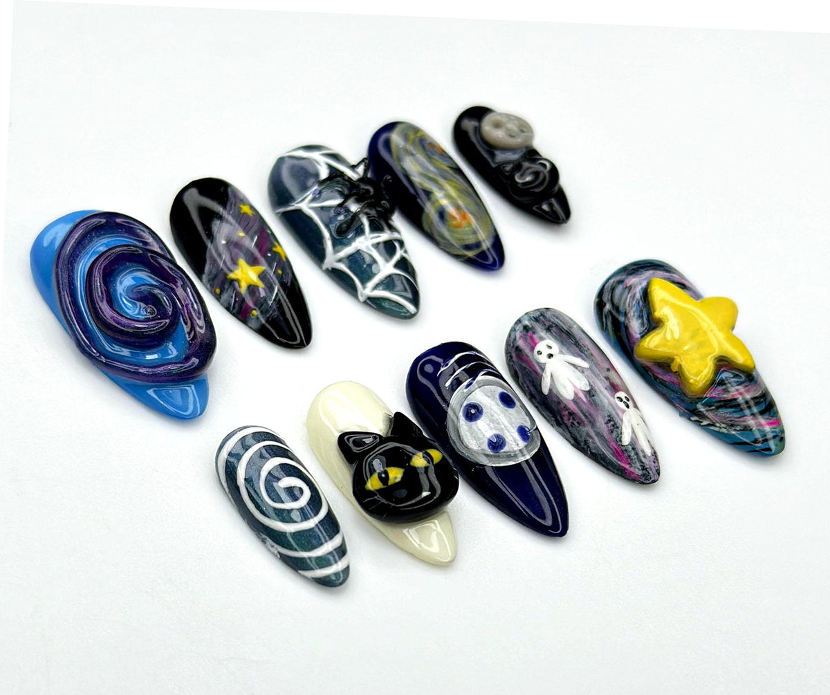 Spooky Galaxy Night Press On Nails | 3D Cute Halloween Nail Art | Black Cat & Ghost Nails | Glow Moon Star Nails | JB938EC