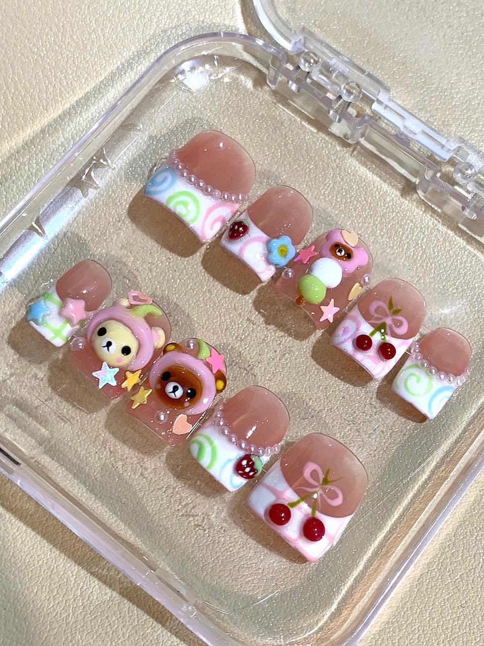 Y2K Kawaii Bear Cherry Press On Nails, 3D Japanese Inspired Nail Art