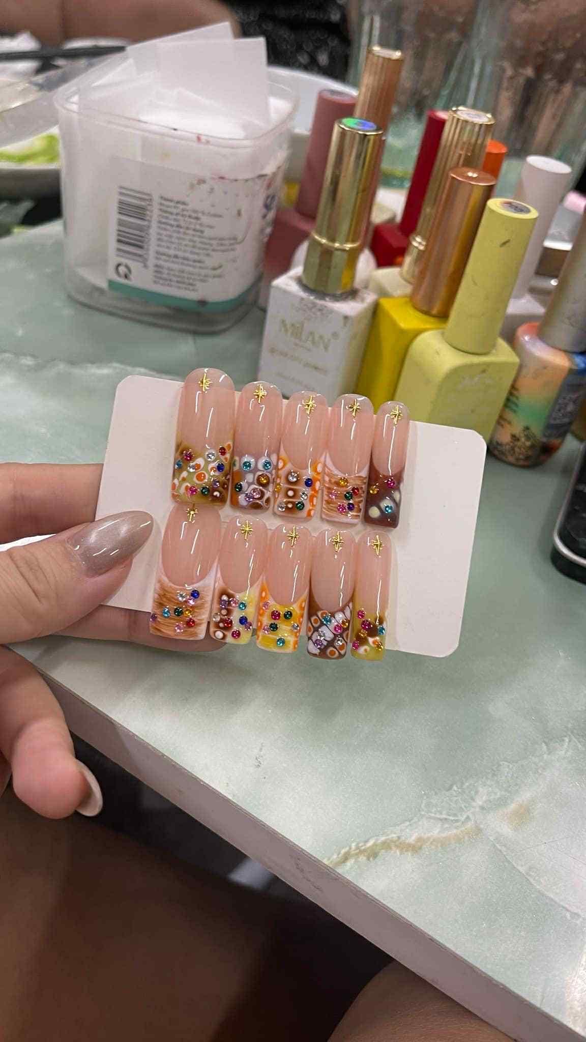 Rhinestone Press On Nails: 3D Star Charm Glitter Confetti Jelly Nails