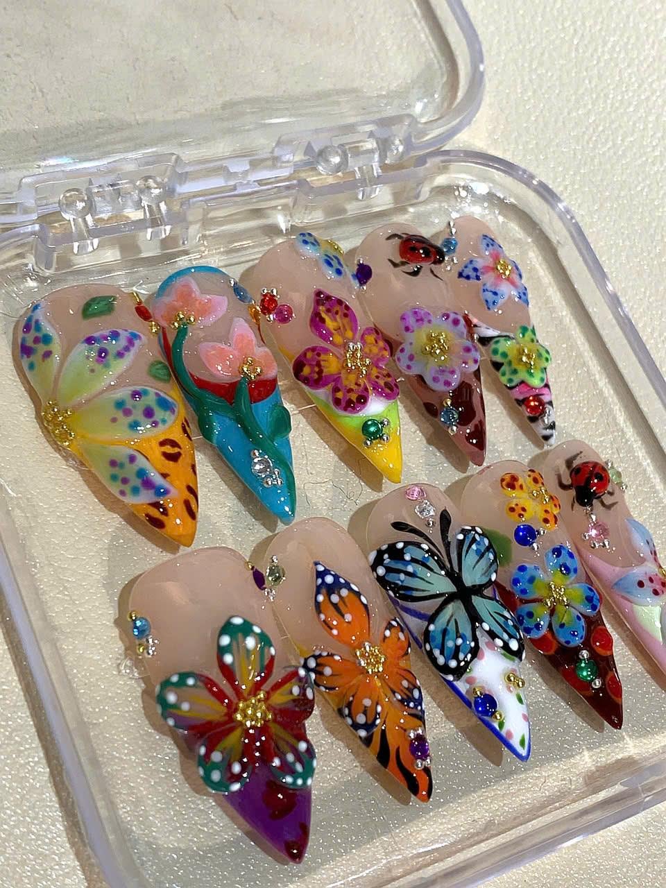 Flower Butterfly Press On Nails: 3D Floral Garden Nail Art