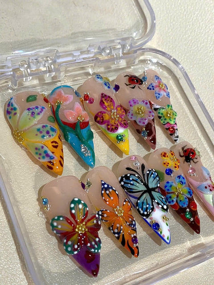 Flower Butterfly Press On Nails: 3D Floral Garden Nail Art