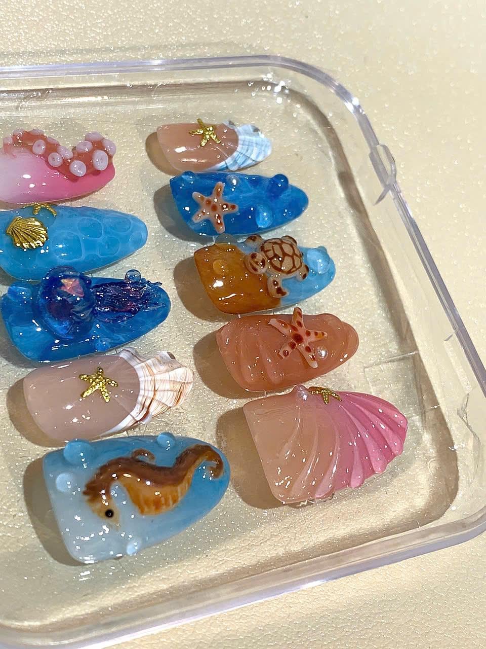 3D Ocean Press On Nails: Mermaid Beach Sea Life - Handmade Summer Nails