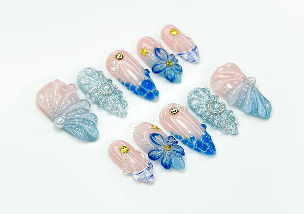 Ocean Bloom Elegance Press On Nails | 3D Shell & Pearl Nail Art | Mermaid Flower Design Tips | Blue Sea Fantasy Nails | JC948EC
