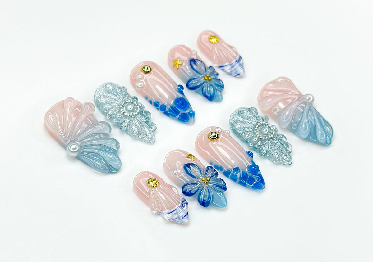 Ocean Bloom Elegance Press On Nails | 3D Shell & Pearl Nail Art | Mermaid Flower Design Tips | Blue Sea Fantasy Nails | JC948EC