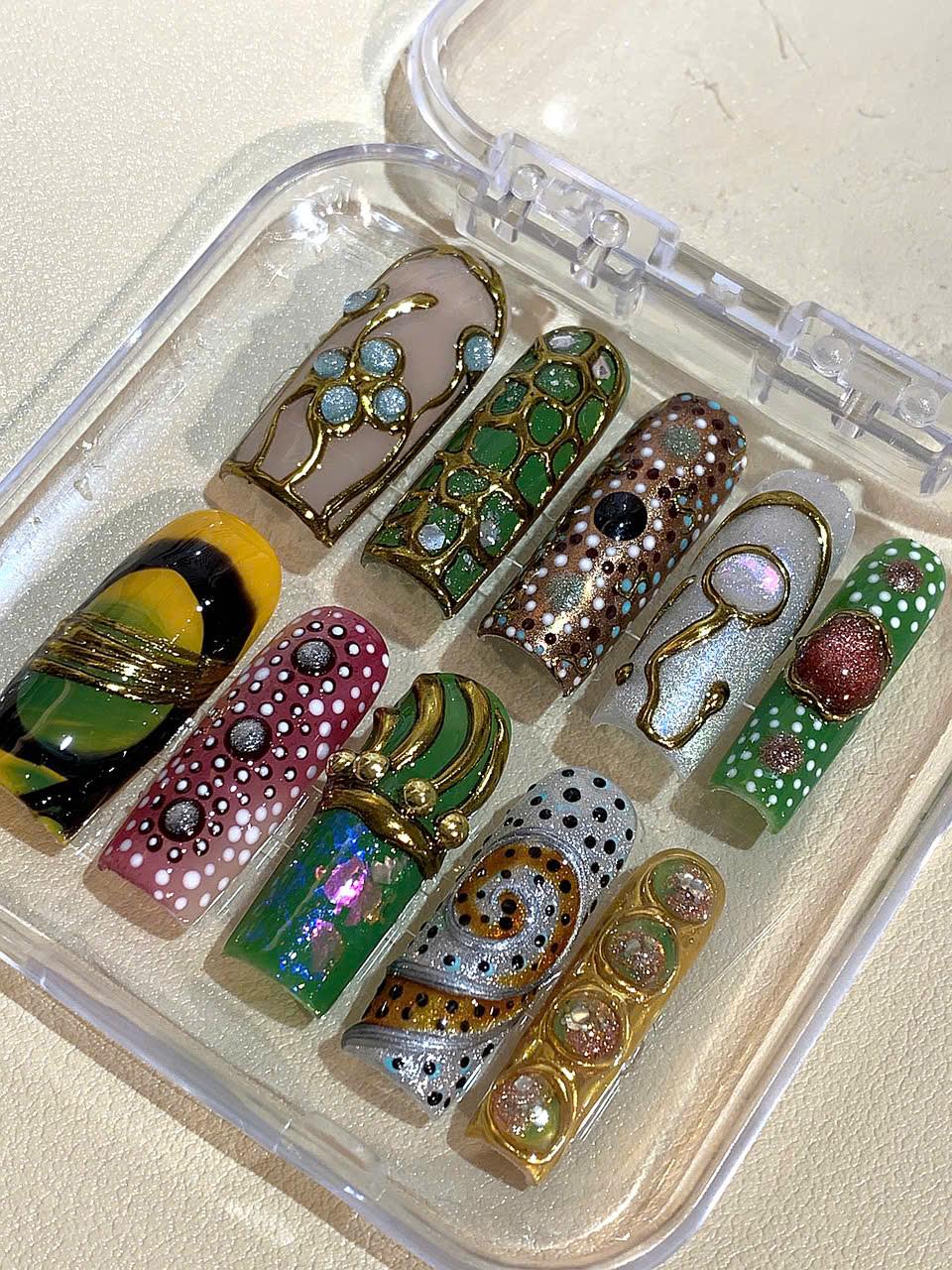 Hand Painted Press On Nails | Green Gold Abstract Dot Art