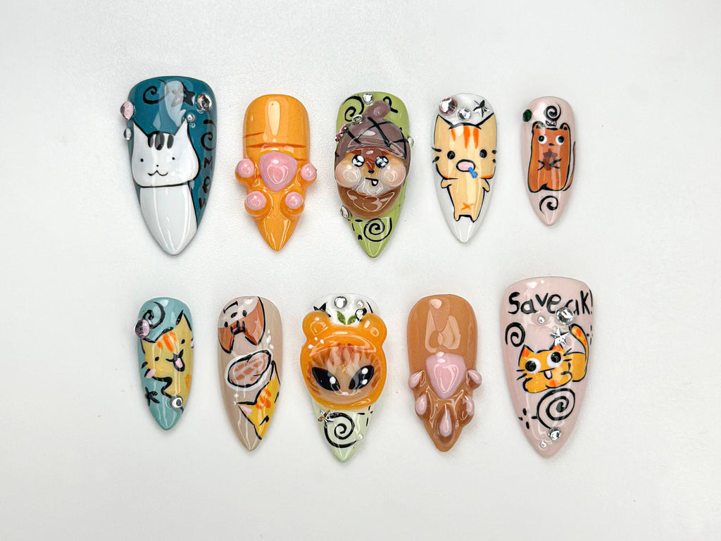 Whimsical Cartoon Kitty Press On Nails | 3D Cat Paw & Animal Faces | Cute Cartoon Pet Press Ons | Handmade Kawaii Nail Set | JB953HC