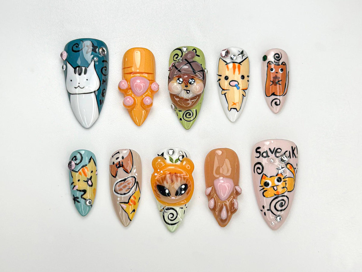 Whimsical Cartoon Kitty Press On Nails | 3D Cat Paw & Animal Faces | Cute Cartoon Pet Press Ons | Handmade Kawaii Nail Set | JB953HC