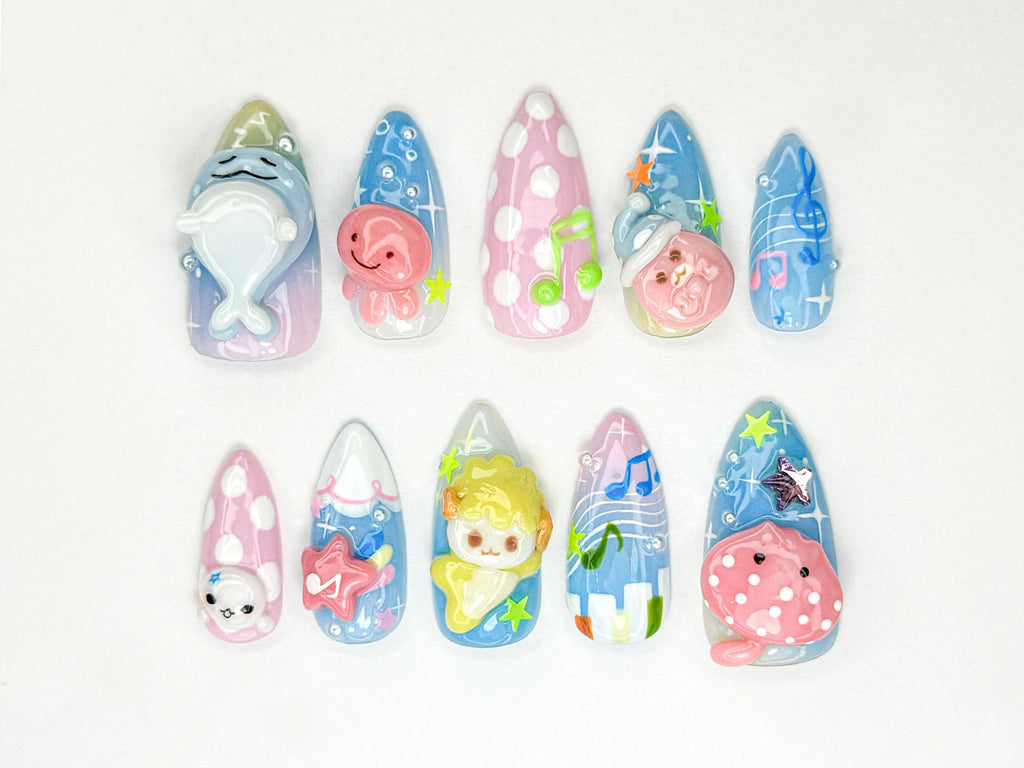 Ocean Cutie Characters Press On Nails | 3D Pastel Marine Animals | Kawaii Sea Nail Art | Cartoon Seal Whale Jellyfish Nails | JB890HC