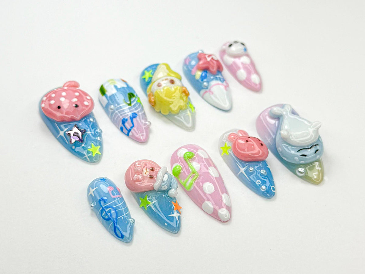 Ocean Cutie Characters Press On Nails | 3D Pastel Marine Animals | Kawaii Sea Nail Art | Cartoon Seal Whale Jellyfish Nails | JB890HC