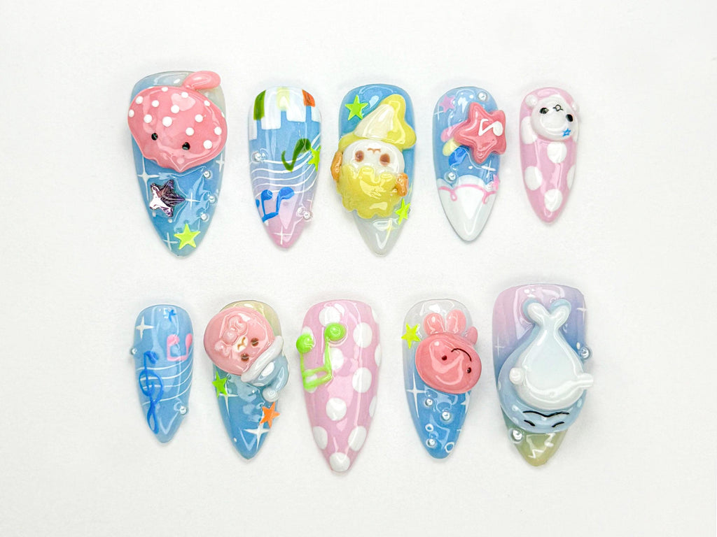 Ocean Cutie Characters Press On Nails | 3D Pastel Marine Animals | Kawaii Sea Nail Art | Cartoon Seal Whale Jellyfish Nails | JB890HC