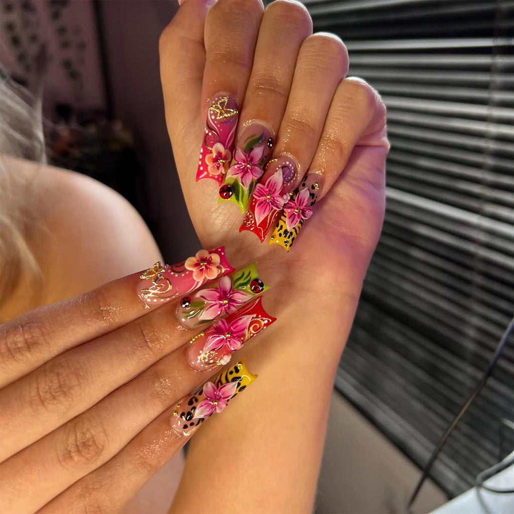 Tropical Floral Press On Nails | 3D Tropical Flowers Nail Art  | Vibrant Ladybug Design Fake Nails | Bold Tropical Kawaii Nails | JB893HC