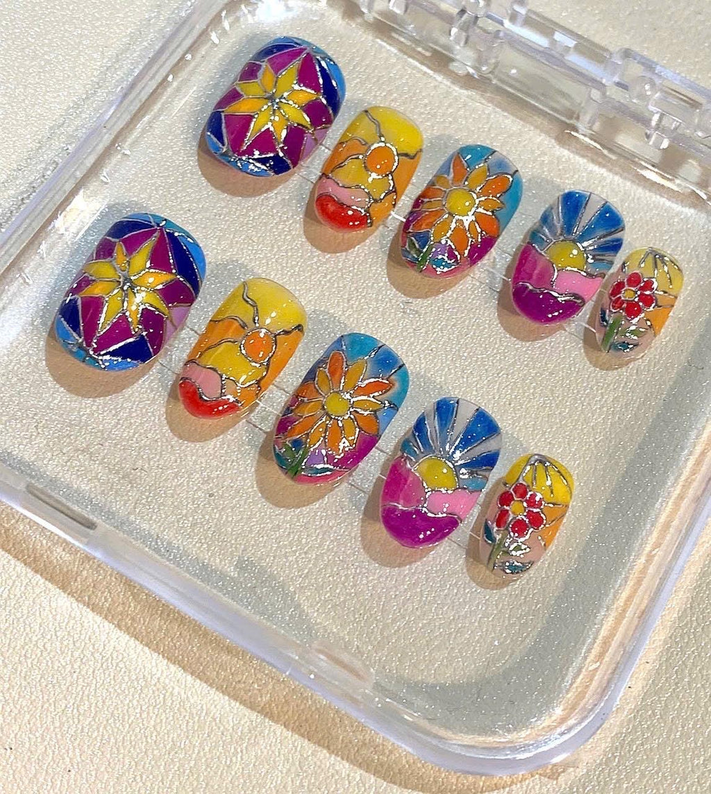 Hand Painted Stained Glass Press On Nails: Flower Sunset Nail Art