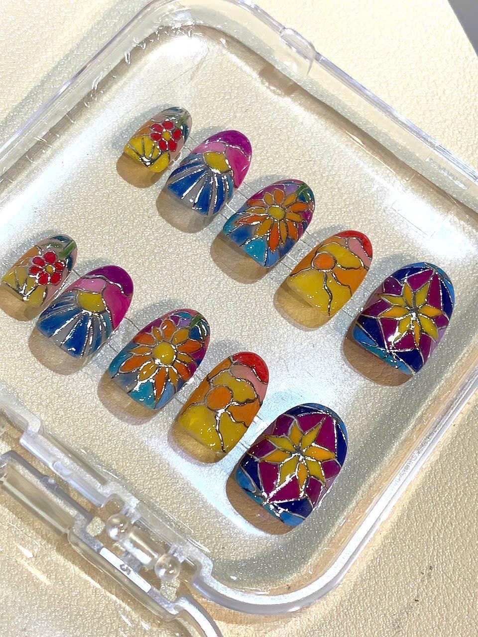 Hand Painted Stained Glass Press On Nails: Flower Sunset Nail Art