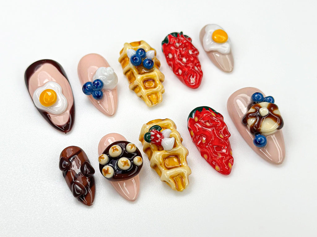3D Kawaii Breakfast  Press On Nails | 3D Foodie Nail Art | Waffle, Strawberry & Egg Nails | Kawaii Brunch Nails | Cute Food Theme | JB897HC
