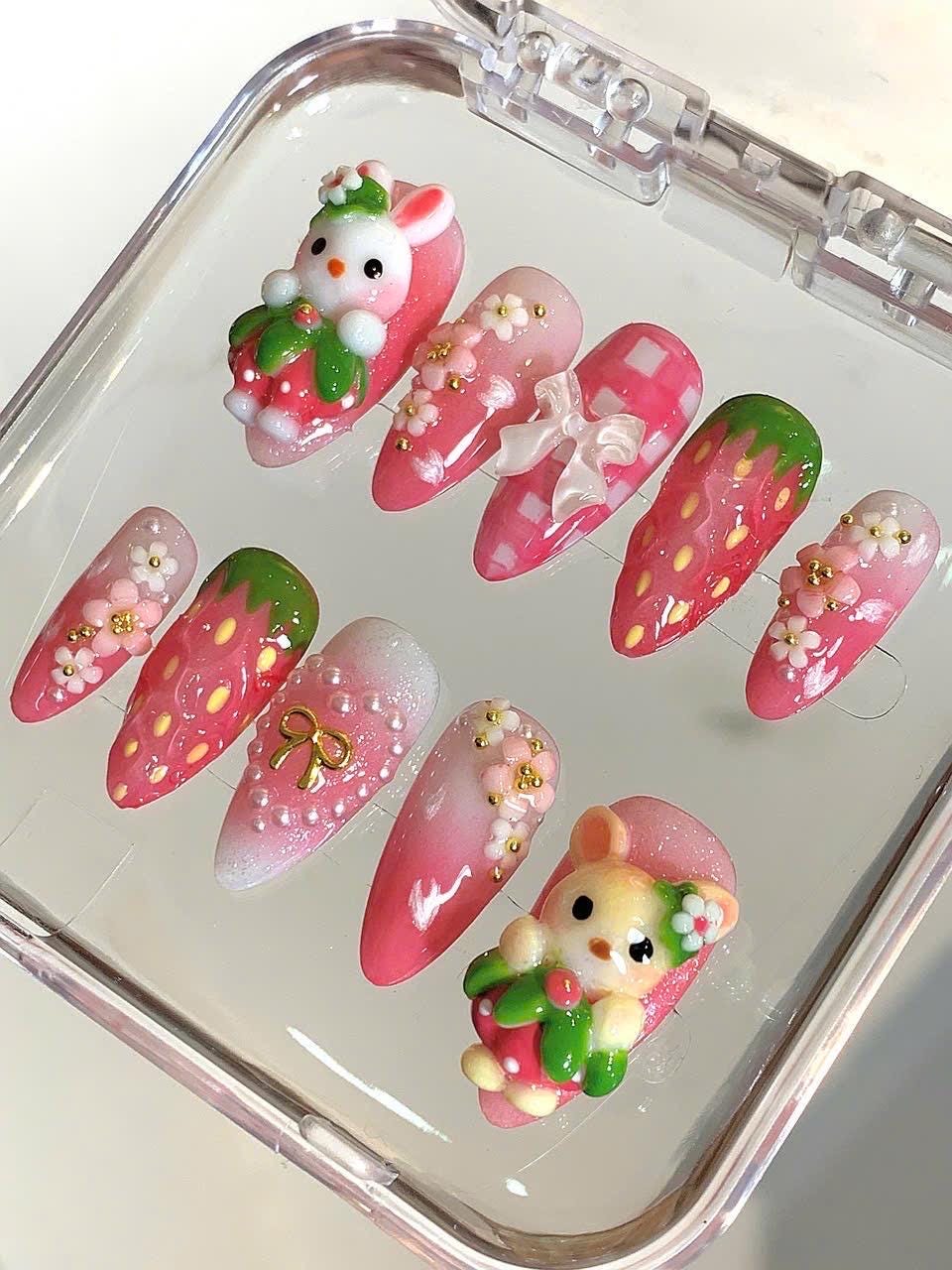 3D Kawaii Strawberry Press On Nails: Bunny Bear Sakura Nail Art