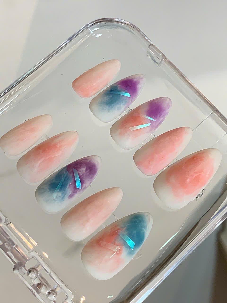 Pastel Cloud Press On Nails: Ombre Marble, Holographic Handmade Gel Nails