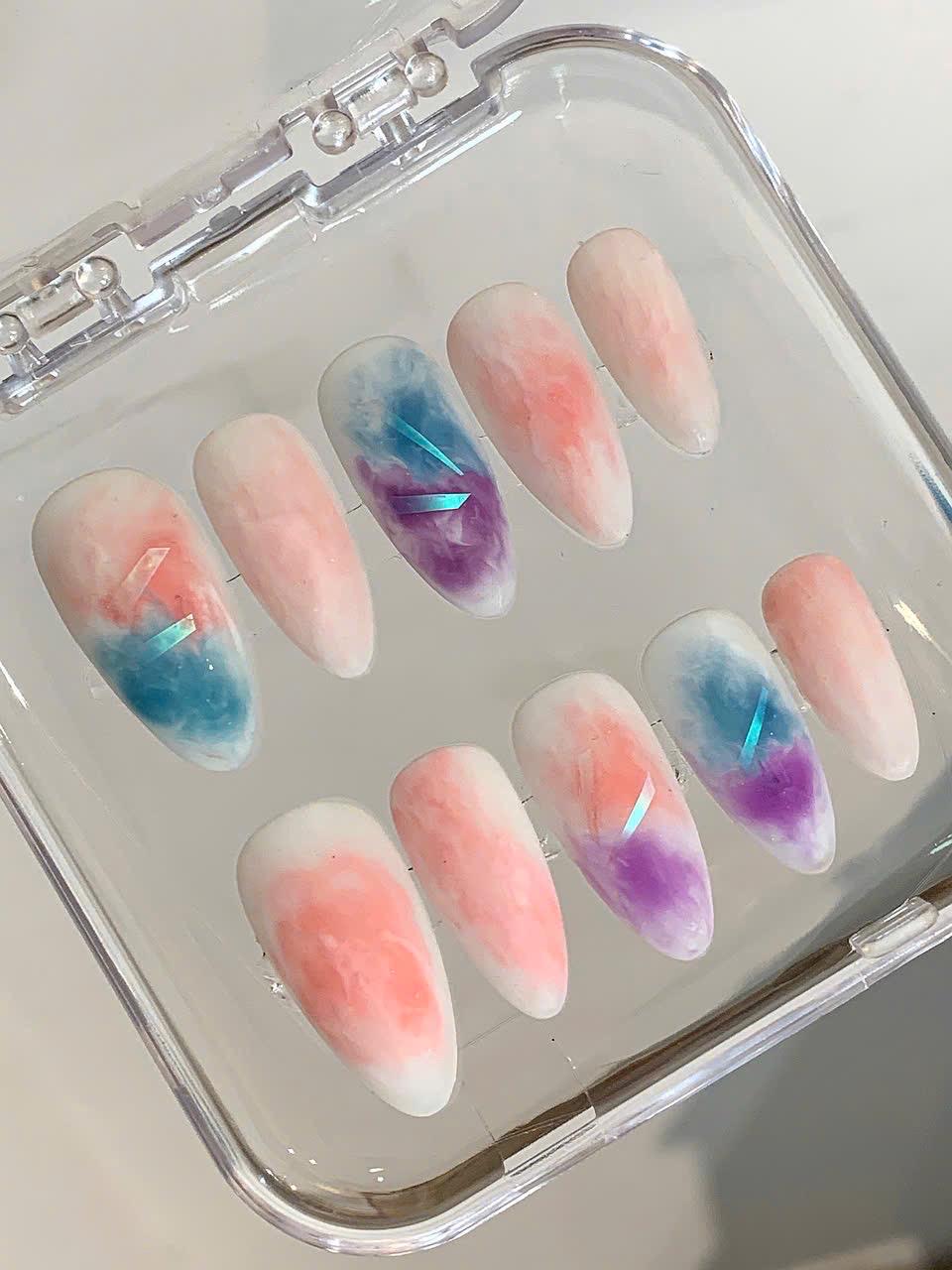Pastel Cloud Press On Nails: Ombre Marble, Holographic Handmade Gel Nails