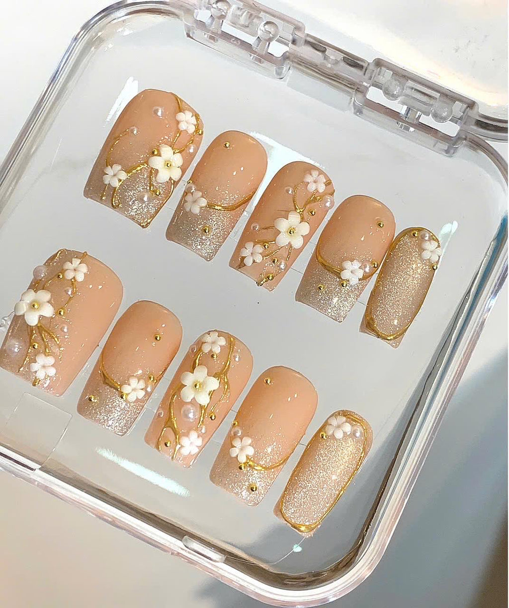Floral Press On Nails | Nude, Gold Glitter, 3D Flower | Handmade