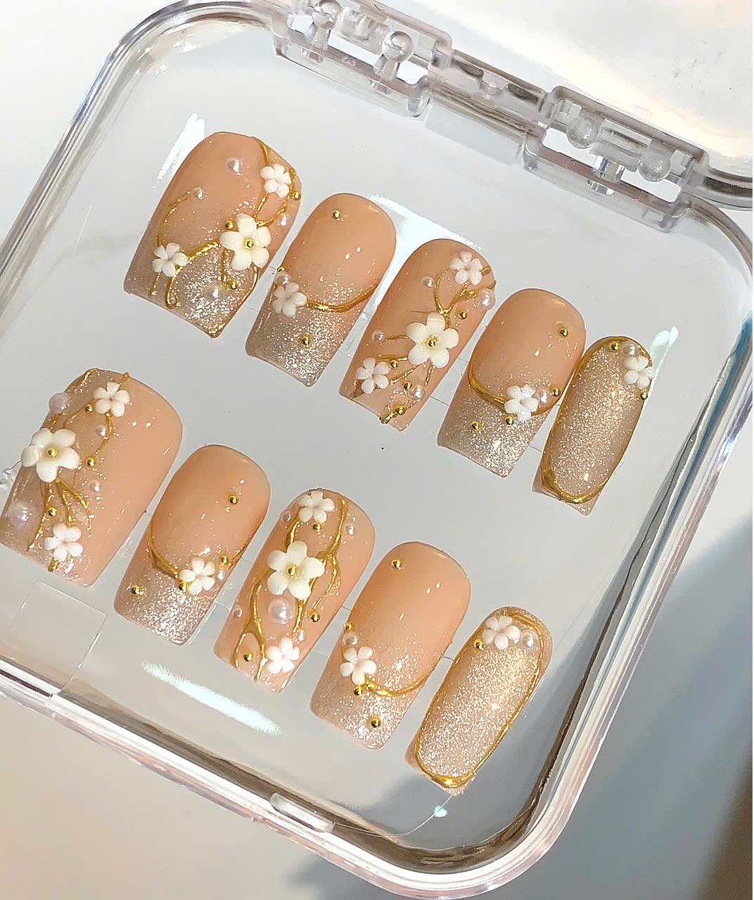 Floral Press On Nails | Nude, Gold Glitter, 3D Flower | Handmade