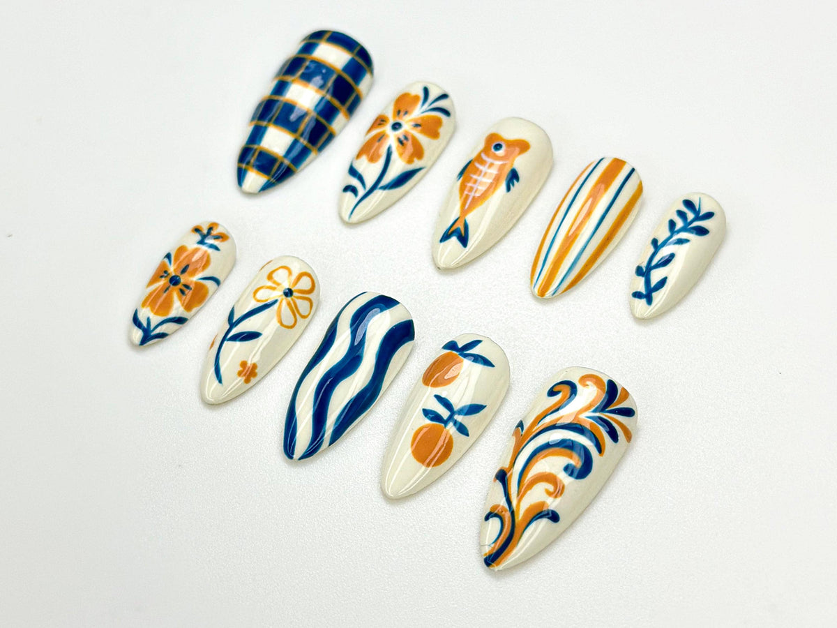 Summer Pottery Press On Nails | Blue Orange Floral Nail Art | Greek Pattern Summer Nails | Hand Painted Ceramic Style Nails | JC910HK