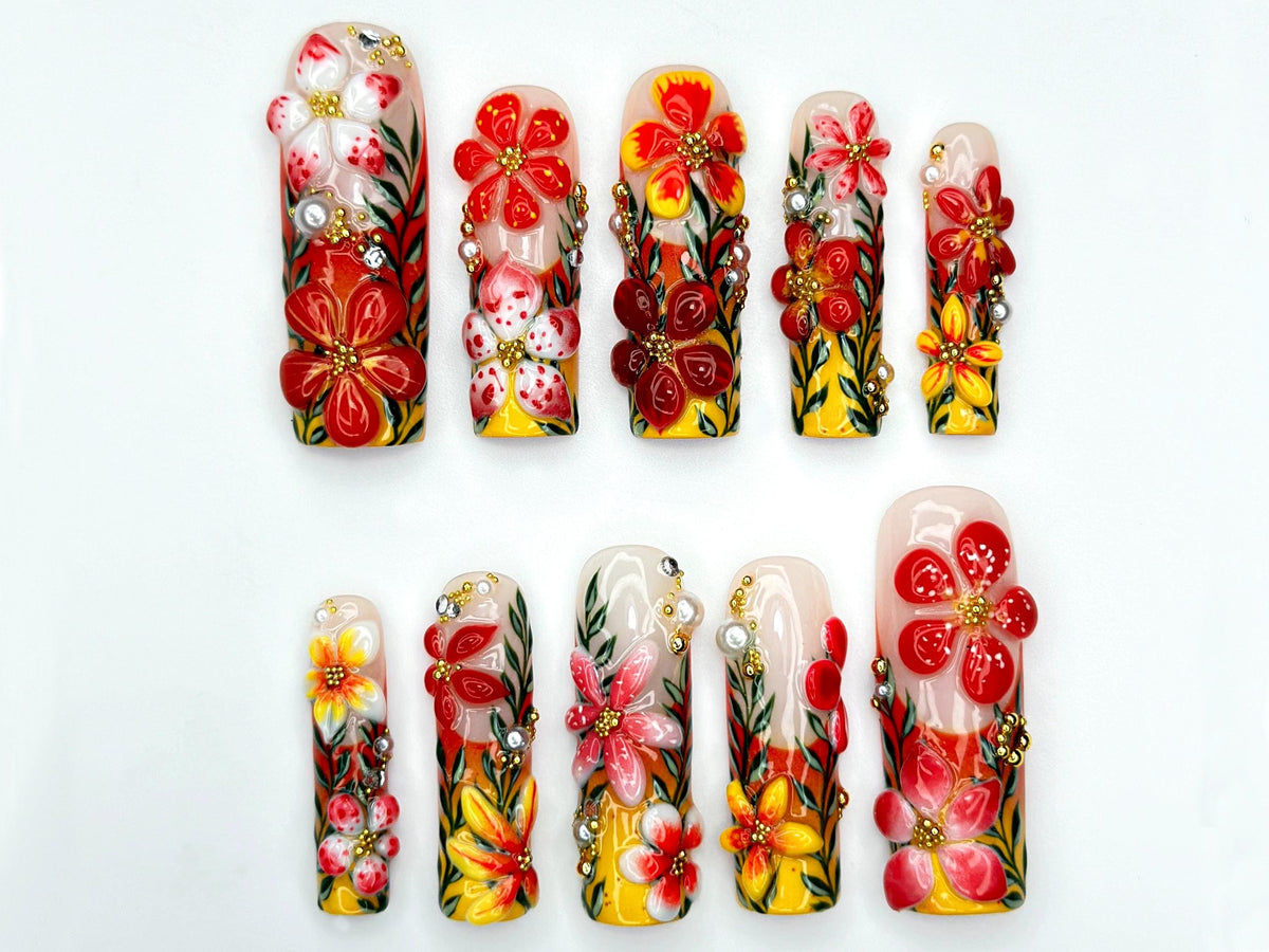 Tropical Bloom Garden Press On Nails | 3D Floral Art Nail Set | Handpainted Exotic Flower Nails | Summer Paradise Tips | JA946EC