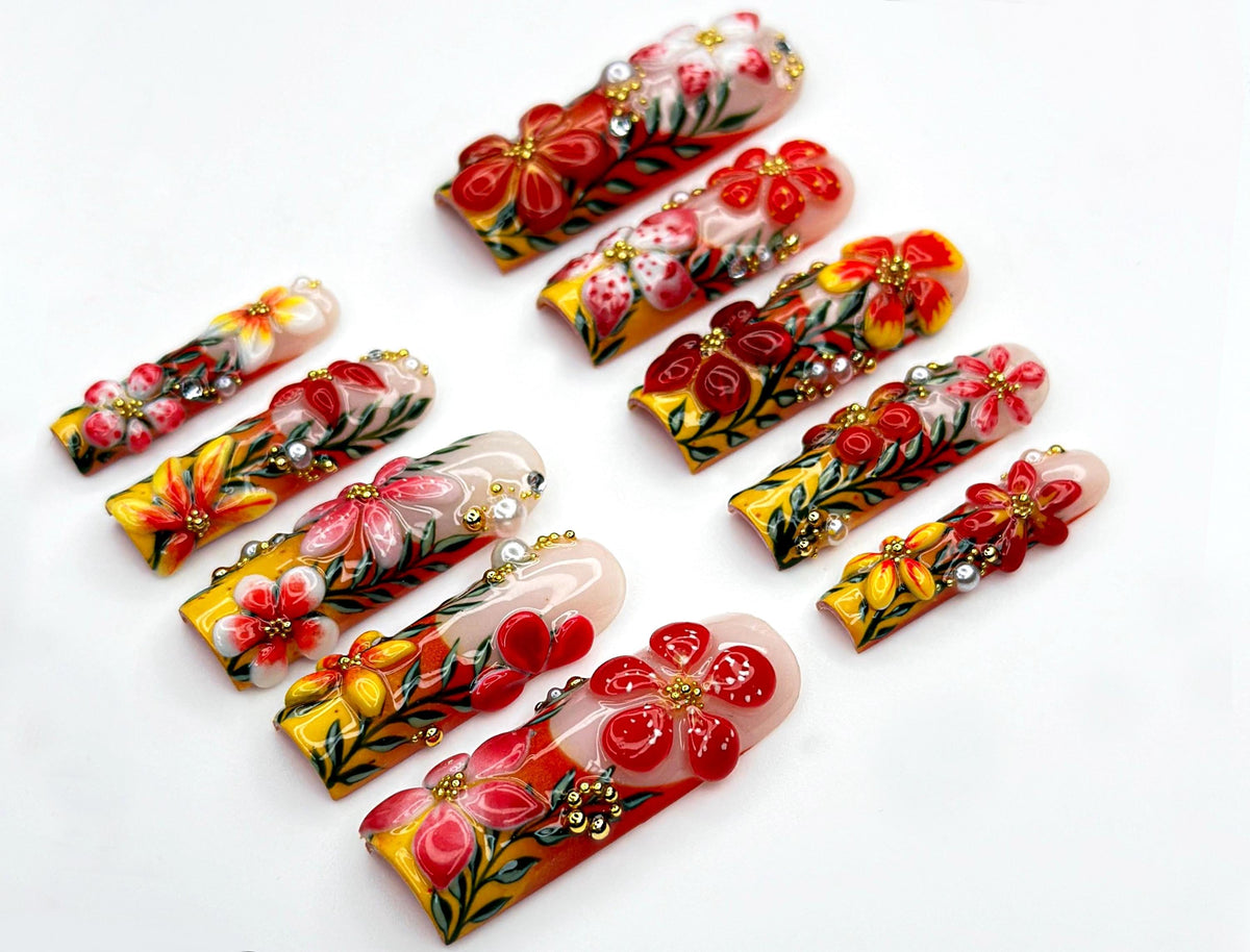 Tropical Bloom Garden Press On Nails | 3D Floral Art Nail Set | Handpainted Exotic Flower Nails | Summer Paradise Tips | JA946EC