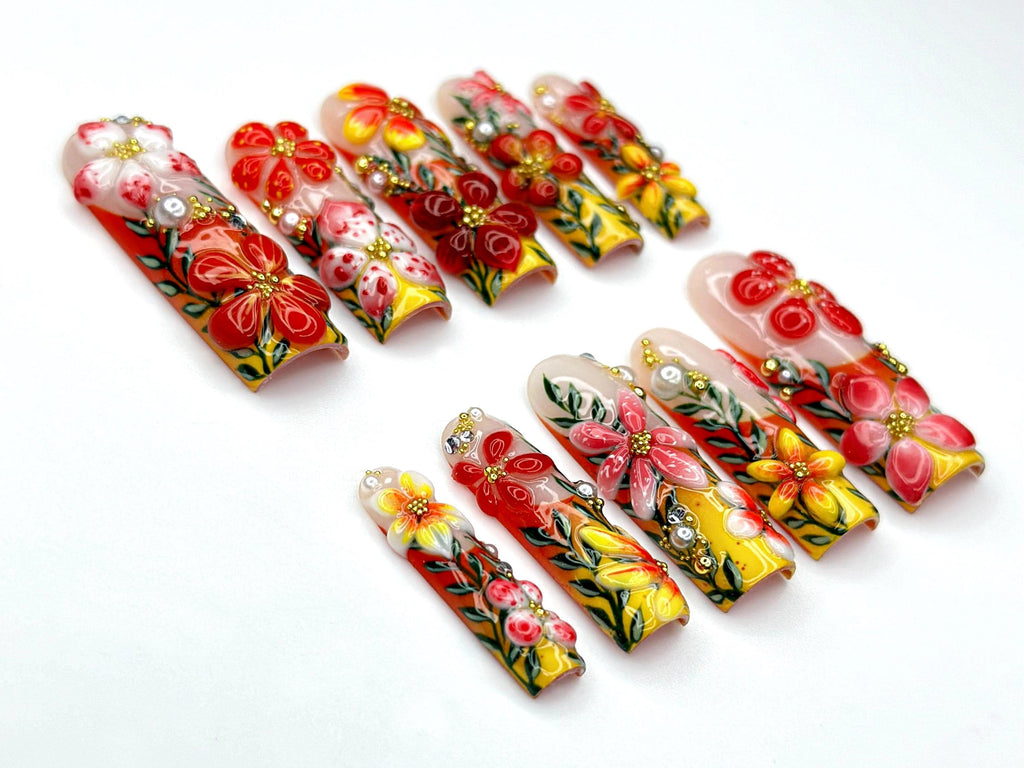 Tropical Bloom Garden Press On Nails | 3D Floral Art Nail Set | Handpainted Exotic Flower Nails | Summer Paradise Tips | JA946EC