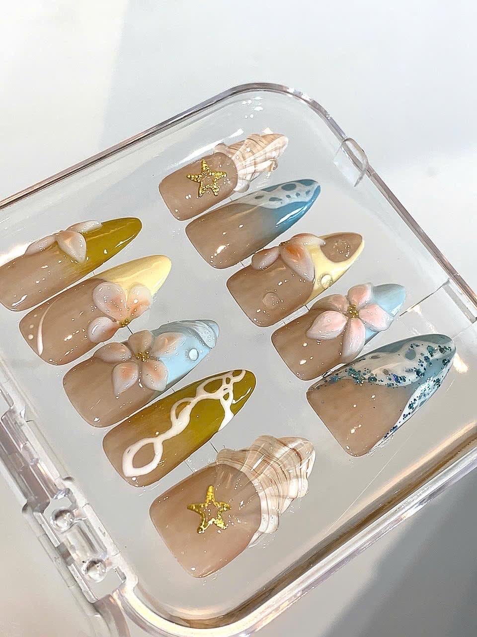 3D Ocean Press On Nails: Summer Beach Seashell Nail Art