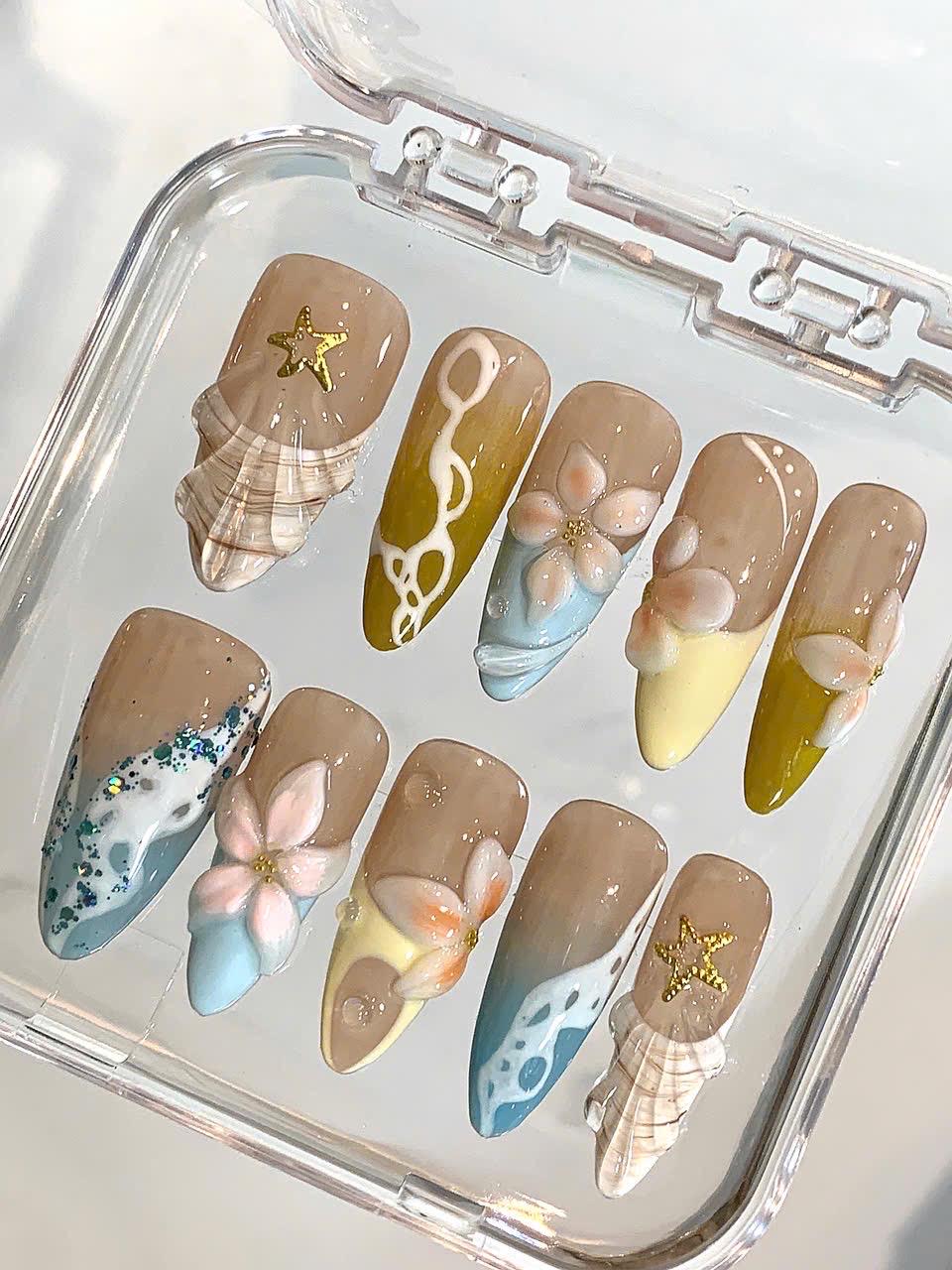 3D Ocean Press On Nails: Summer Beach Seashell Nail Art