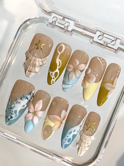 3D Ocean Press On Nails: Summer Beach Seashell Nail Art