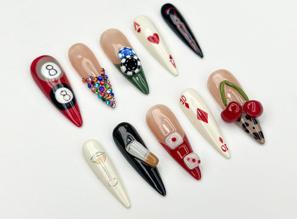 Casino Game Theme Press On Nails | 3D Poker Dice & Martini Nails | Vegas Party Press Ons | Bold Handmade Nail| Vegas Nightlife Nail |JB960HK