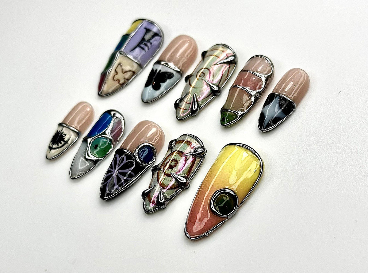 Abstract Art Press On Nails | Geometric Nail Set | Line Work Design | Graphic Nail Design | Color Block + Swirl Line Art | JC921EC