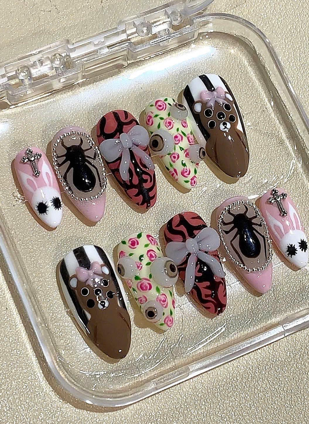 Horror Press On Nails, Halloween False Nails, Spider, Bunny, Bear, Eyeball, Bow