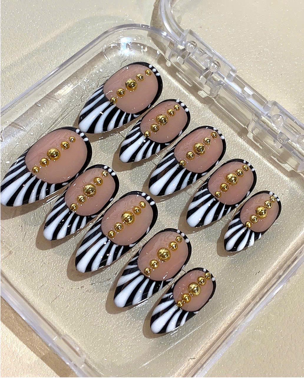 Handmade Zebra Stripe Press On Nails: Black, White & Gold