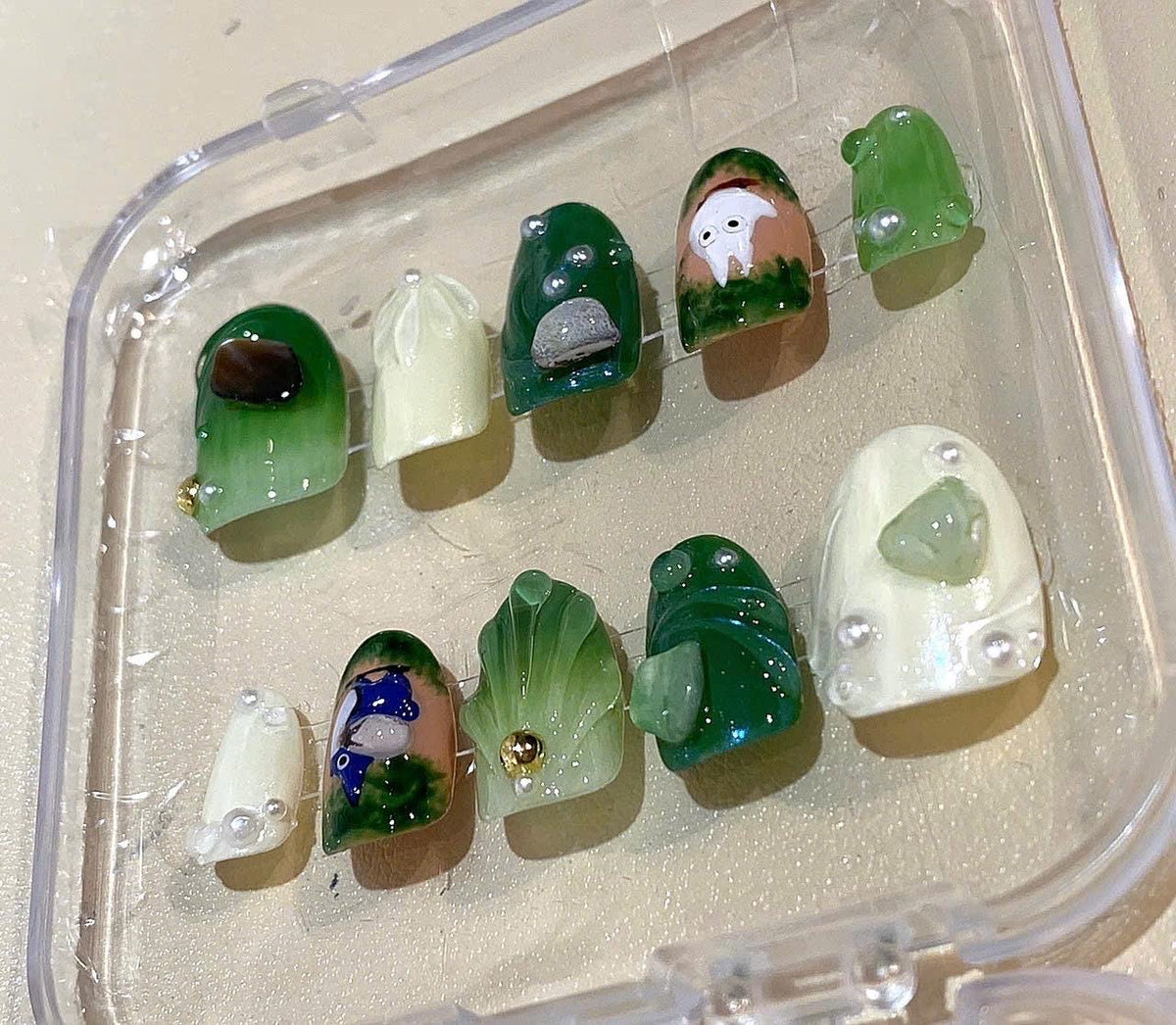 Totoro Forest Press On Nails – Studio Ghibli Inspired Handmade Green Jelly Nail Art Set