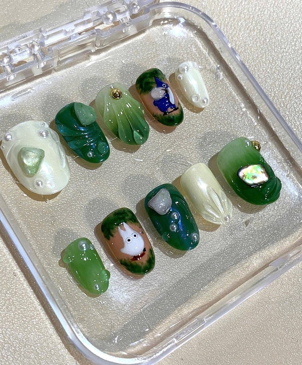 Totoro Forest Press On Nails – Studio Ghibli Inspired Handmade Green Jelly Nail Art Set