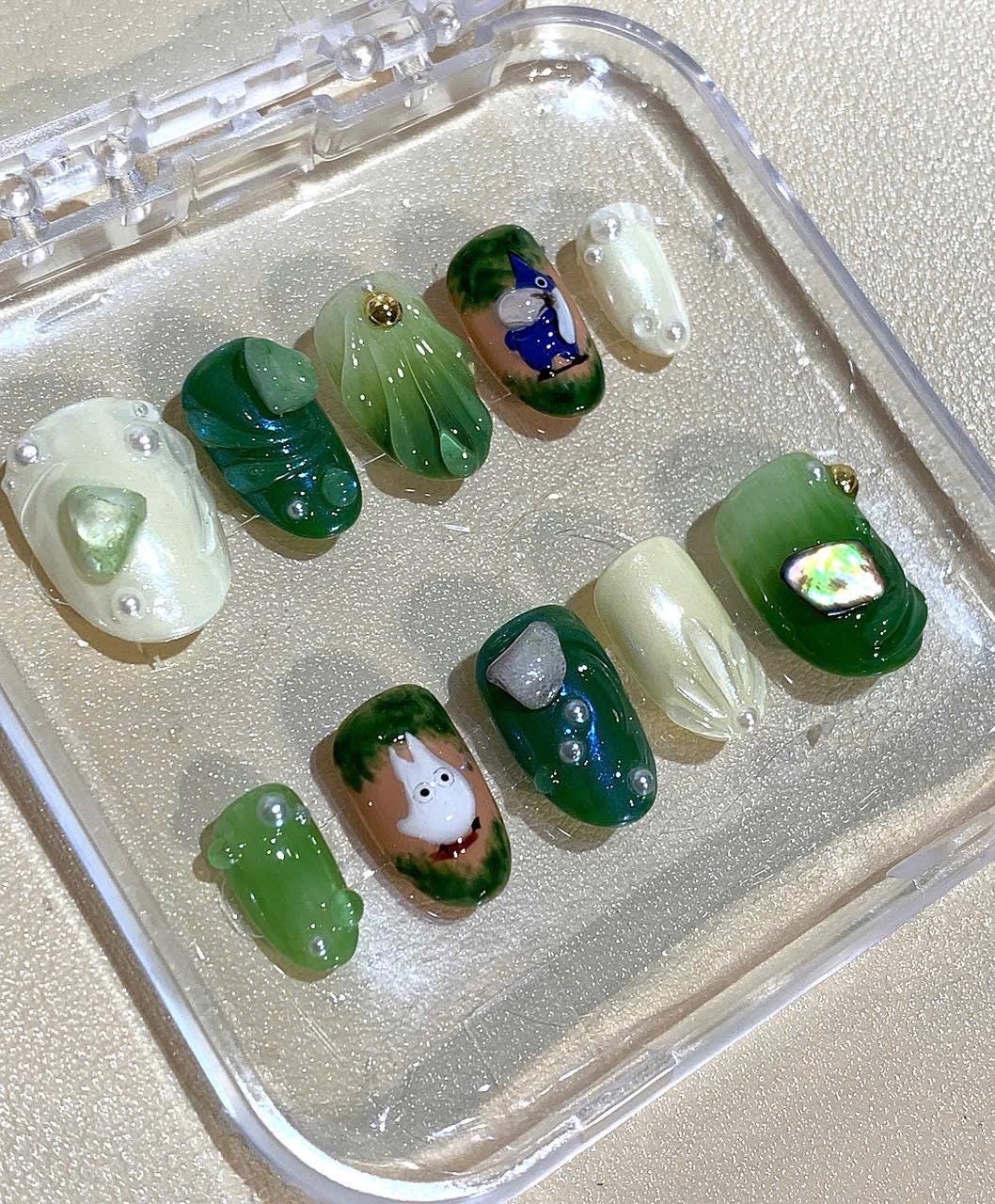 Totoro Forest Press On Nails – Studio Ghibli Inspired Handmade Green Jelly Nail Art Set
