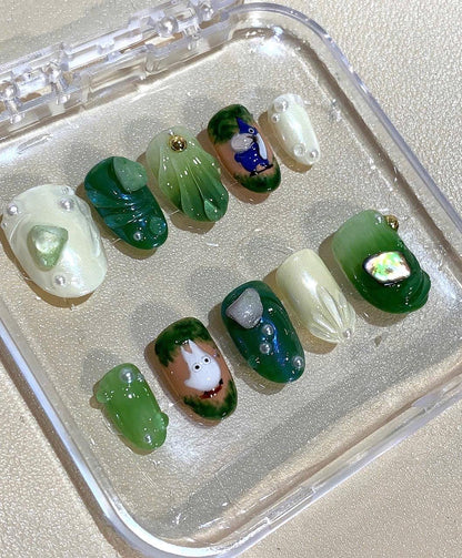 Totoro Forest Press On Nails – Studio Ghibli Inspired Handmade Green Jelly Nail Art Set