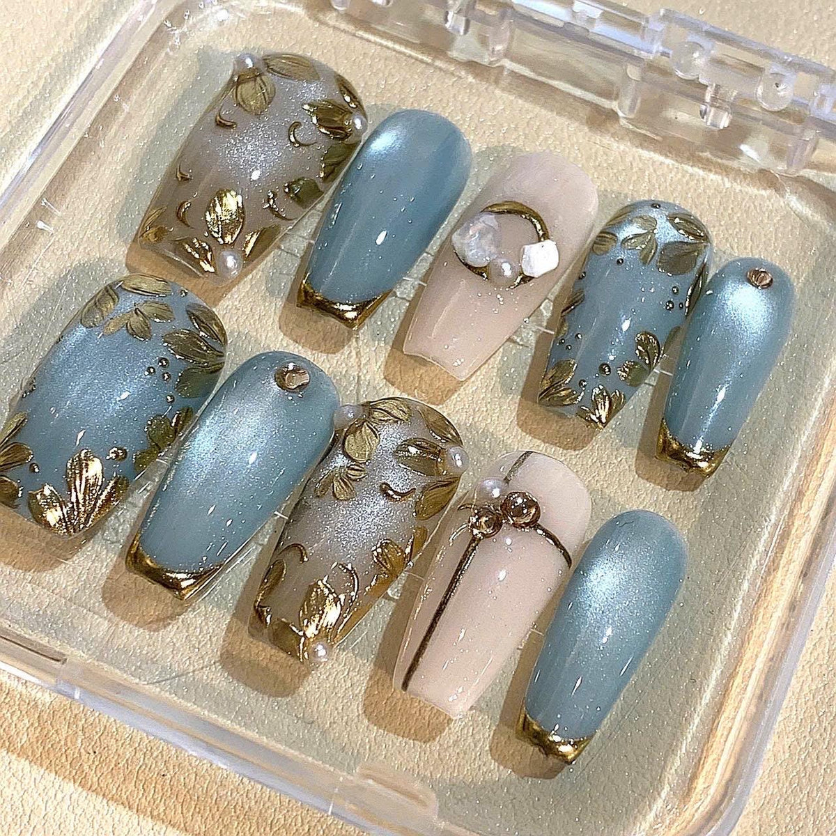 Blue Gold Leaf Press On Nails: Elegant Pearl Wedding Nail Art