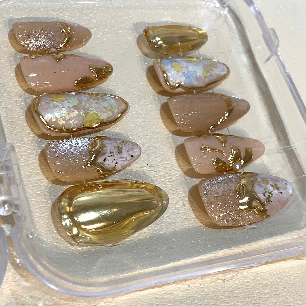 Gold Chrome Marble Press On Nails: Luxury Iridescent Nail Art Set