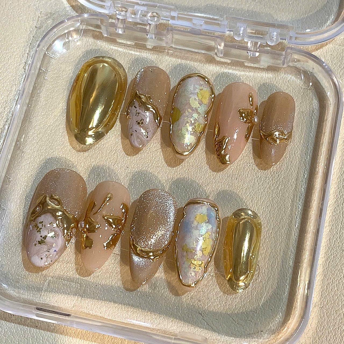 Gold Chrome Marble Press On Nails: Luxury Iridescent Nail Art Set