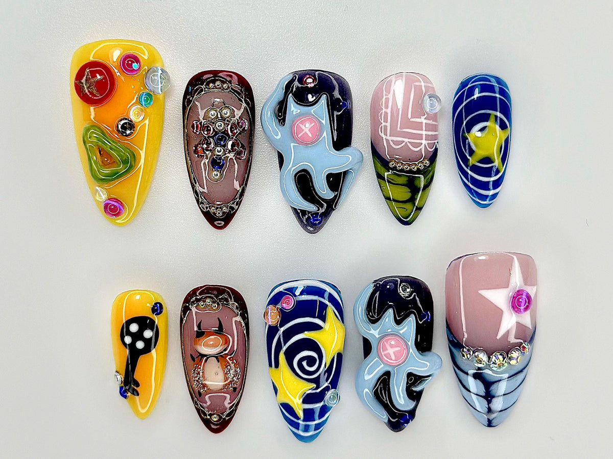 3D Cartoon Press On Nails | Y2K Inspired Nail Art | Cute Cat & Star Design | Handmade Colorful Nails | JB900EC