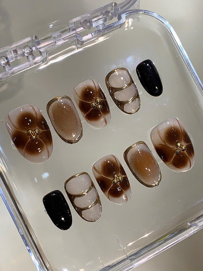 Brown Marble Press On Nails: Gold Flower Design, Reusable Coffin Nails
